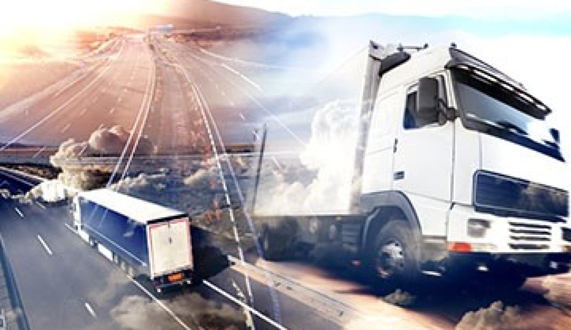 A white truck on a highway with a sunrise and road network overlay.