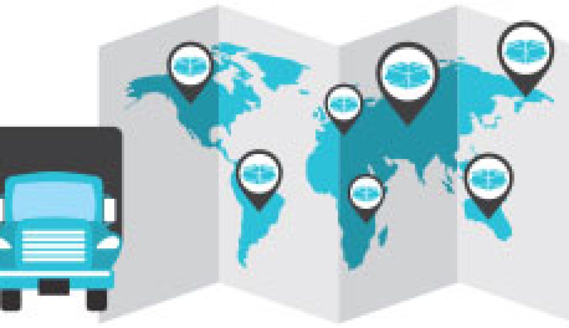 World map with location markers and icons showing global connectivity.
